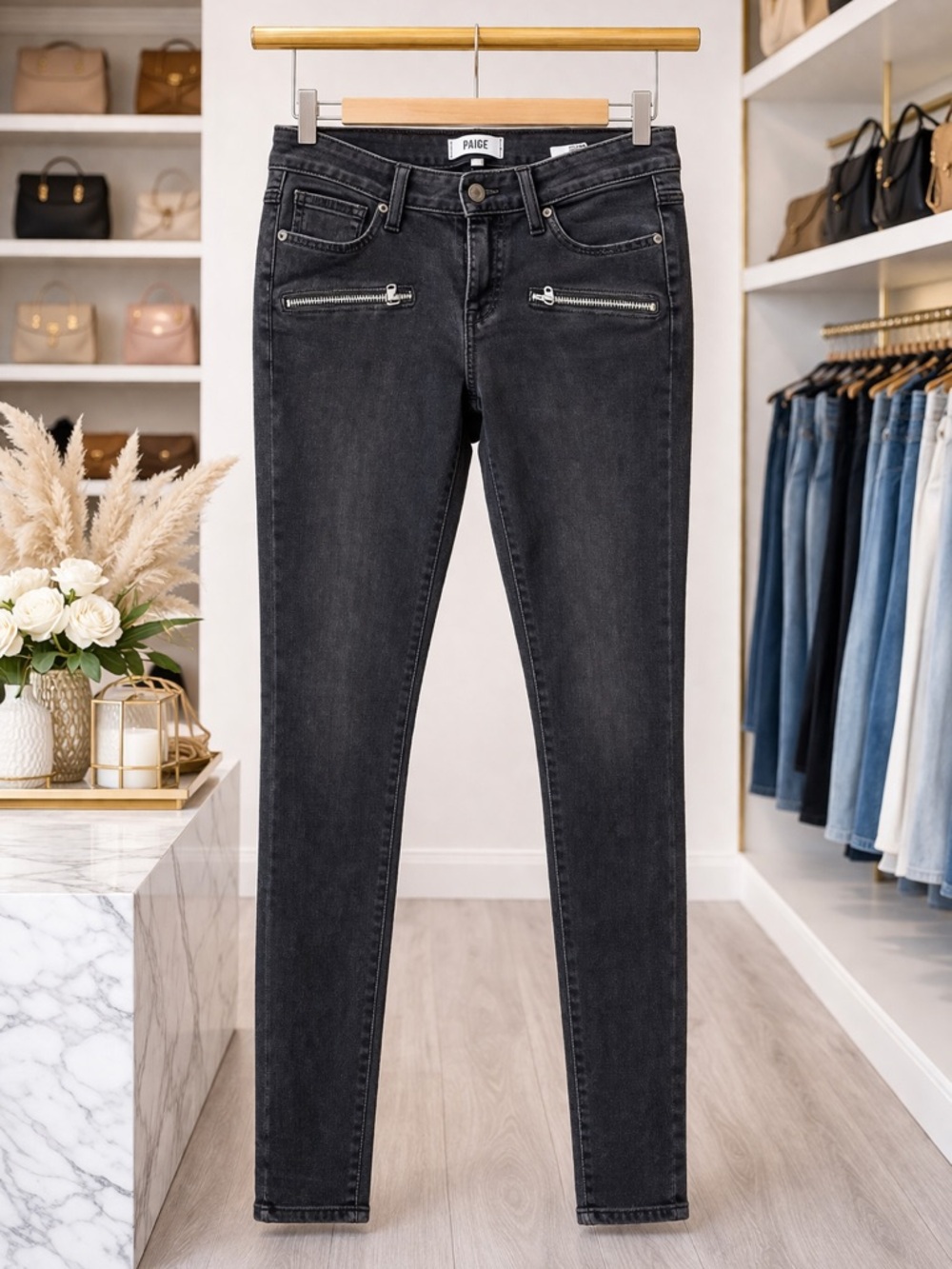 💥3/$50 PAIGE Black Skinny Jeans with Stretch Fit and Moto Zipper Pockets | Sz 28